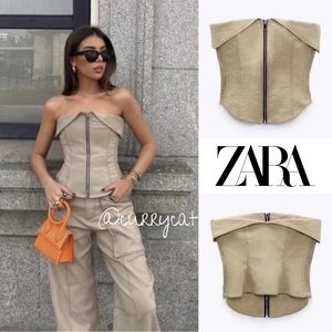 2 PIECES SET 🔥 ZARA TOPSTITCHED ZIPPER BUSTIER & TOPSTITCHED ZIPPERED PANTS
